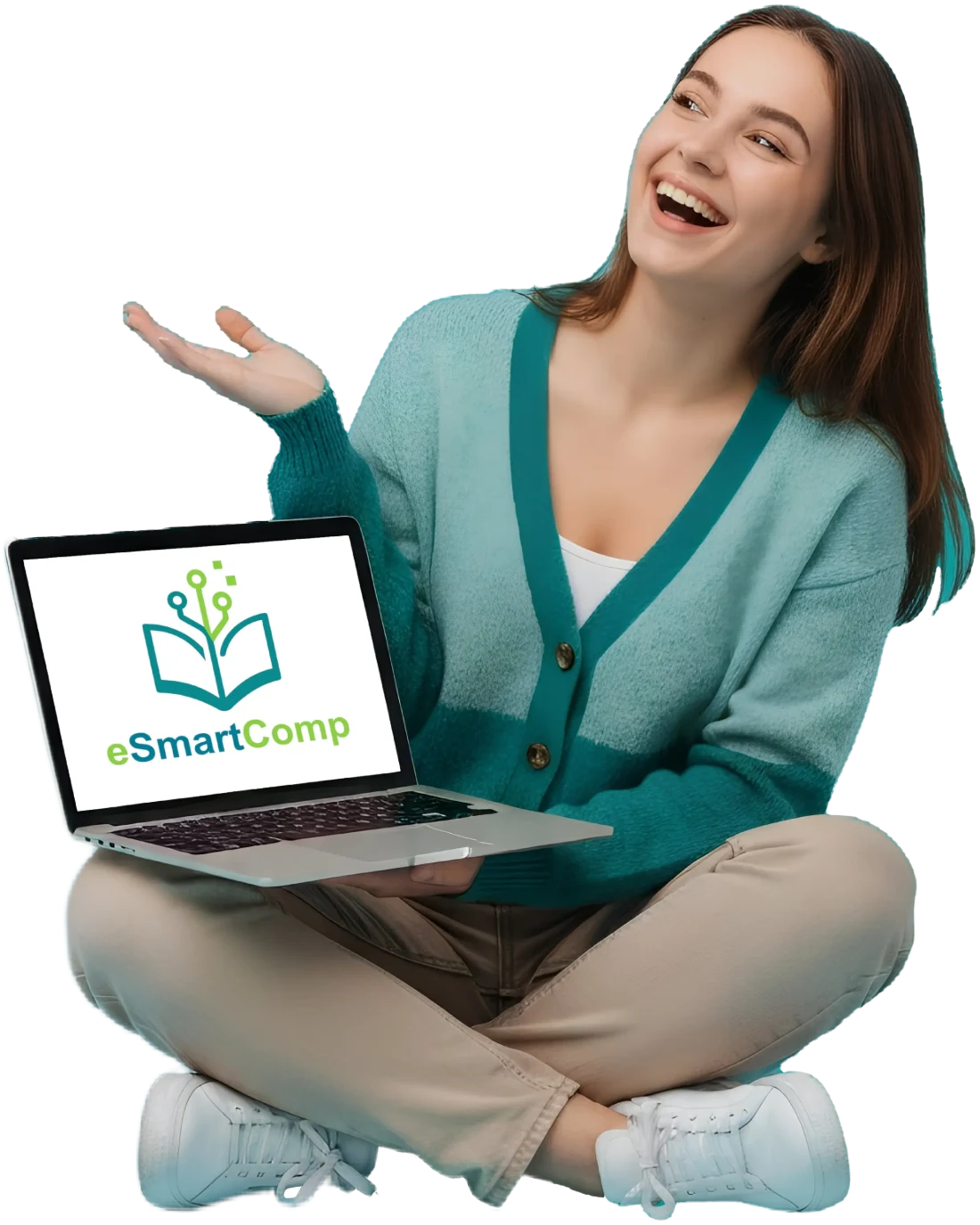 Χαμογελαστή νέα κρατά laptop με την πλατφόρμα eSmartComp